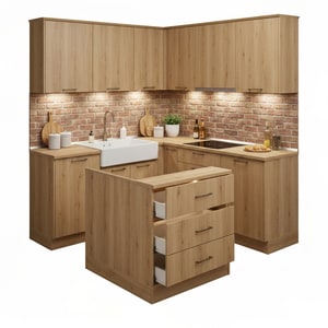 U-shape wood-grain laminate kitchen cabinet