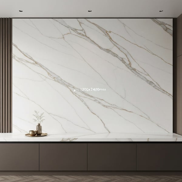 Premium Calacatta Marble Porcelain Slab, 1200×2400mm, Gold-Gray Veining
