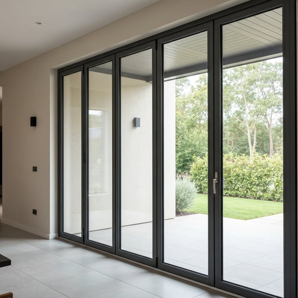 Xingfa System-55 Aluminum Door, 4-Panel, 12mm Tempered Glass, Charcoal-Gray Frame