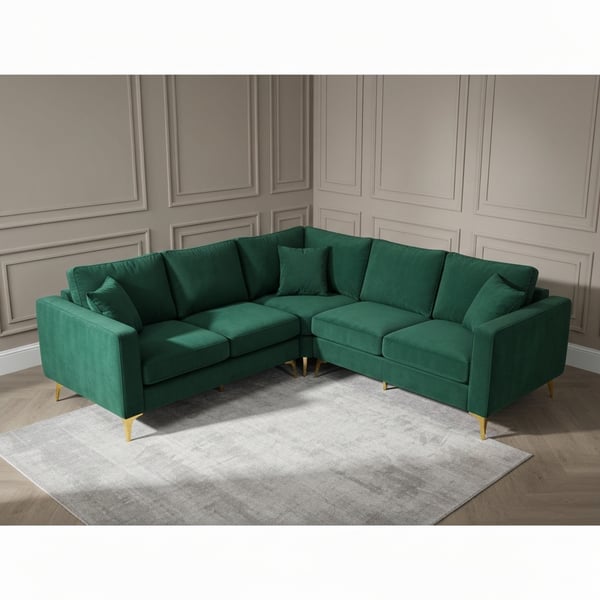 L-Shape 6-Seat Sofa, Italian Velvet Upholstery, PVD Gold-Plated Metal Legs
