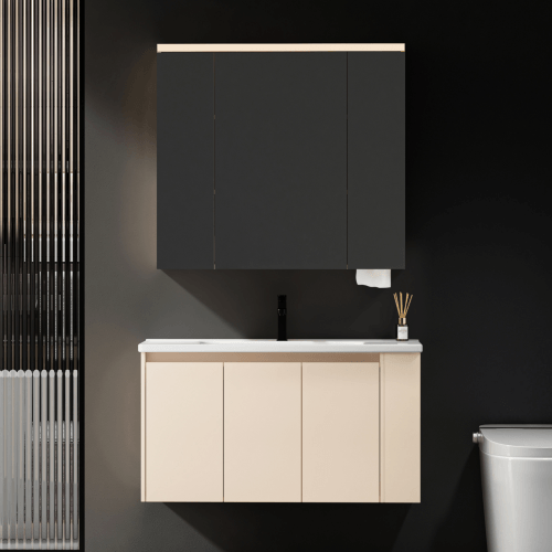 Bộ tủ lavabo phòng tắm treo tường Mijic (màu kem, gương đèn LED)